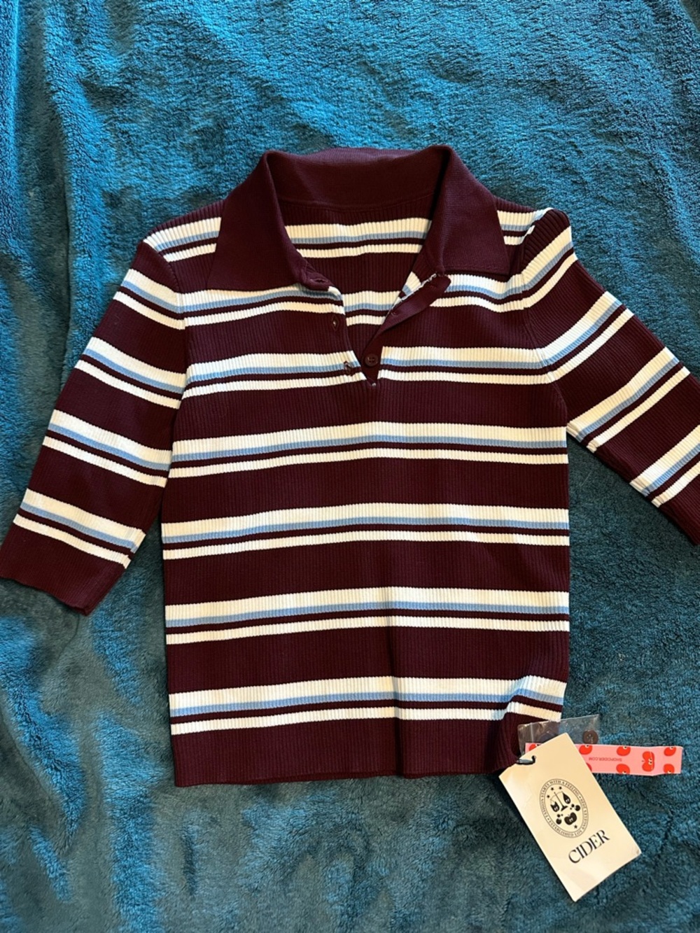 Cider Striped Polo Knit Top - Burgundy, White & Light Blue